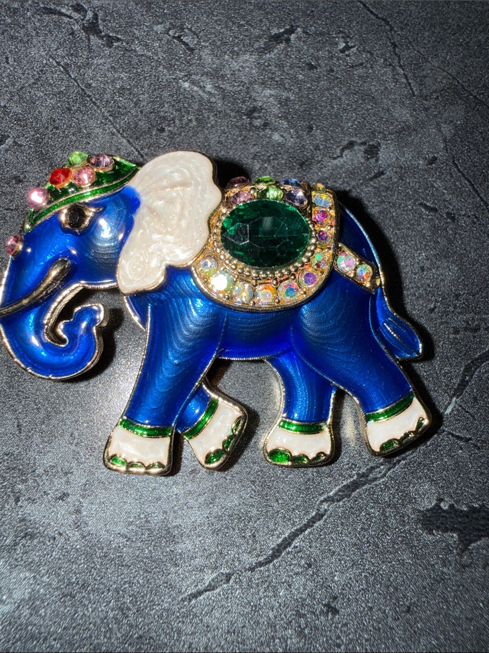Blue Elephant Jeweled Brooch with Green Crystal Accent